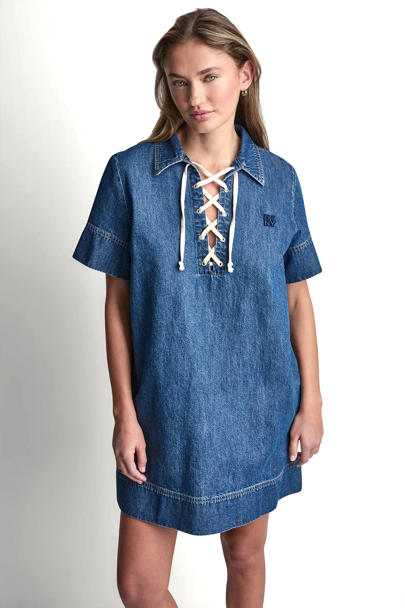 LACE UP DENIM SHIFT DRESS - Rustic Indigo - 6