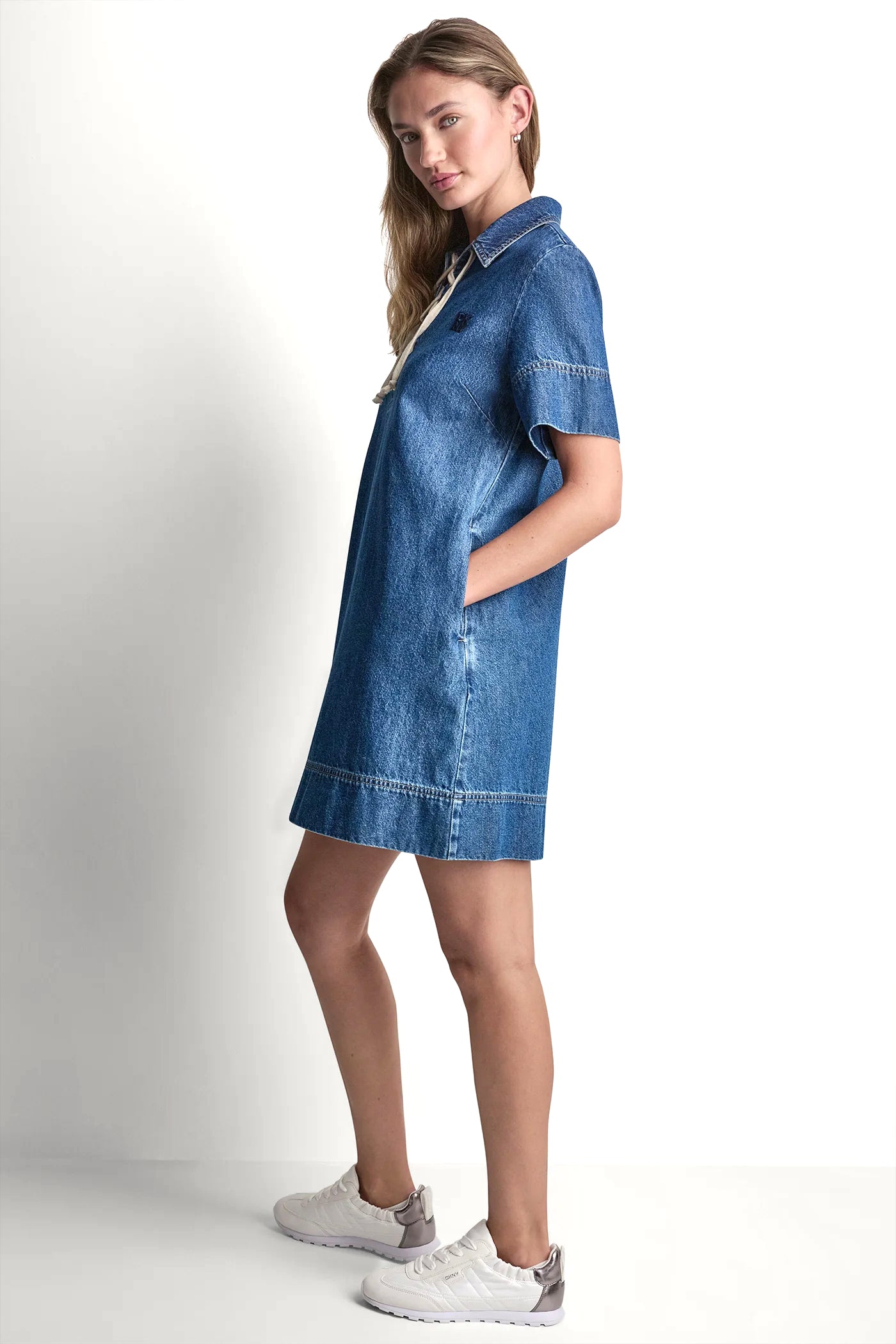LACE UP DENIM SHIFT DRESS - Rustic Indigo - 4