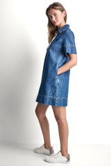 LACE UP DENIM SHIFT DRESS - Rustic Indigo - 4