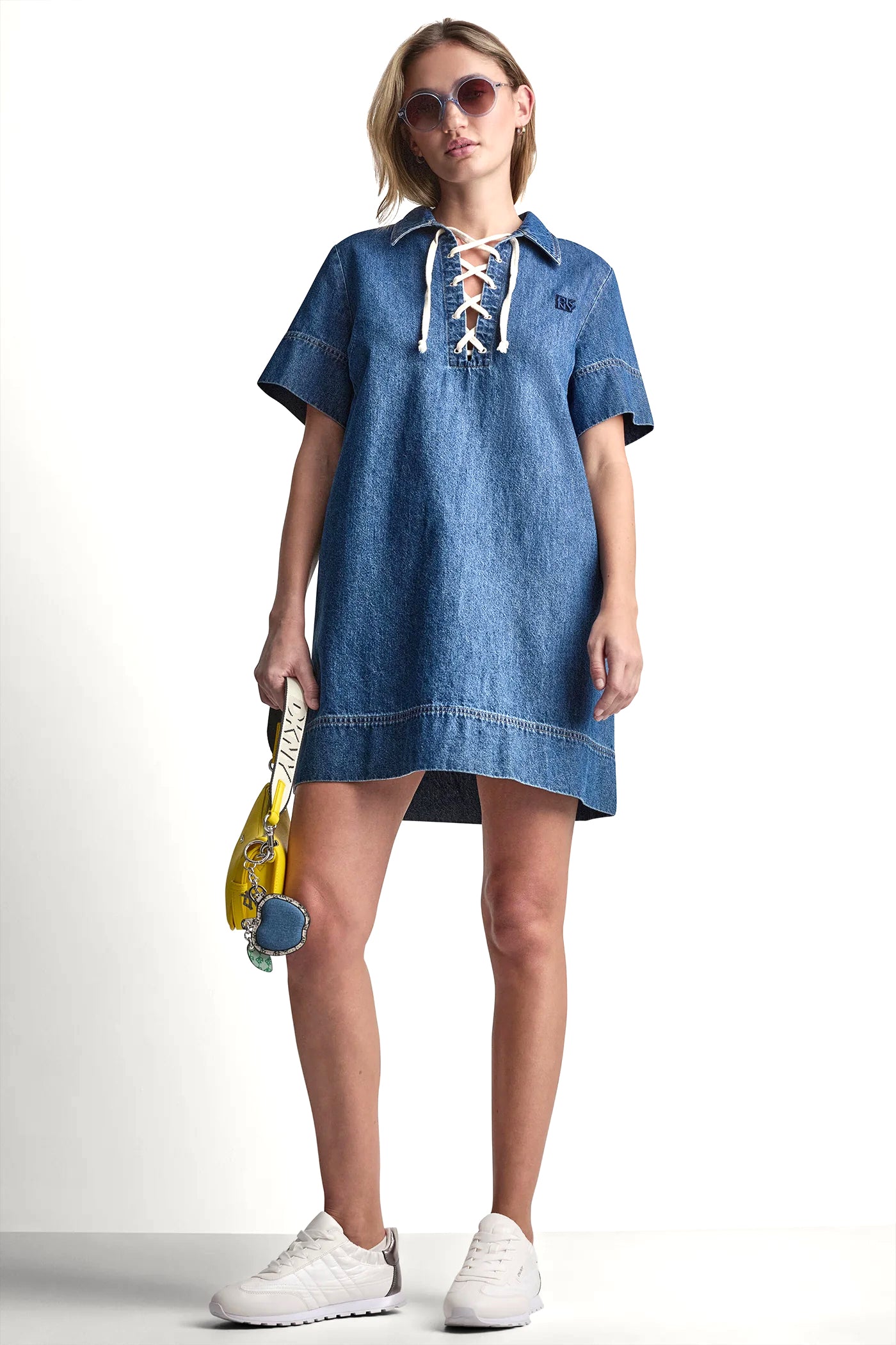 LACE UP DENIM SHIFT DRESS - Rustic Indigo - 1