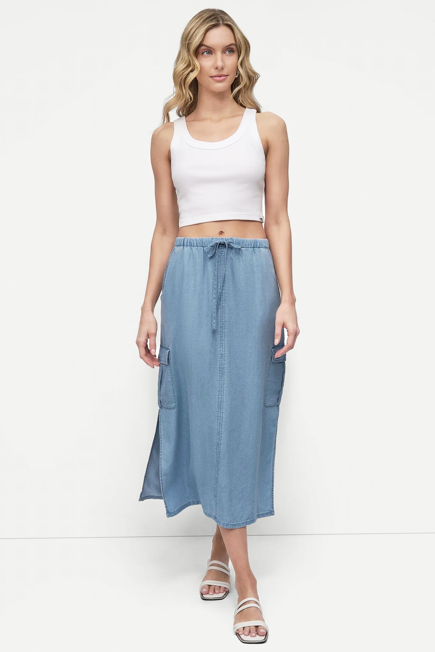 GARMENT DYE TIE WAIST CARGO SKIRT - CHAMBRAY - 5