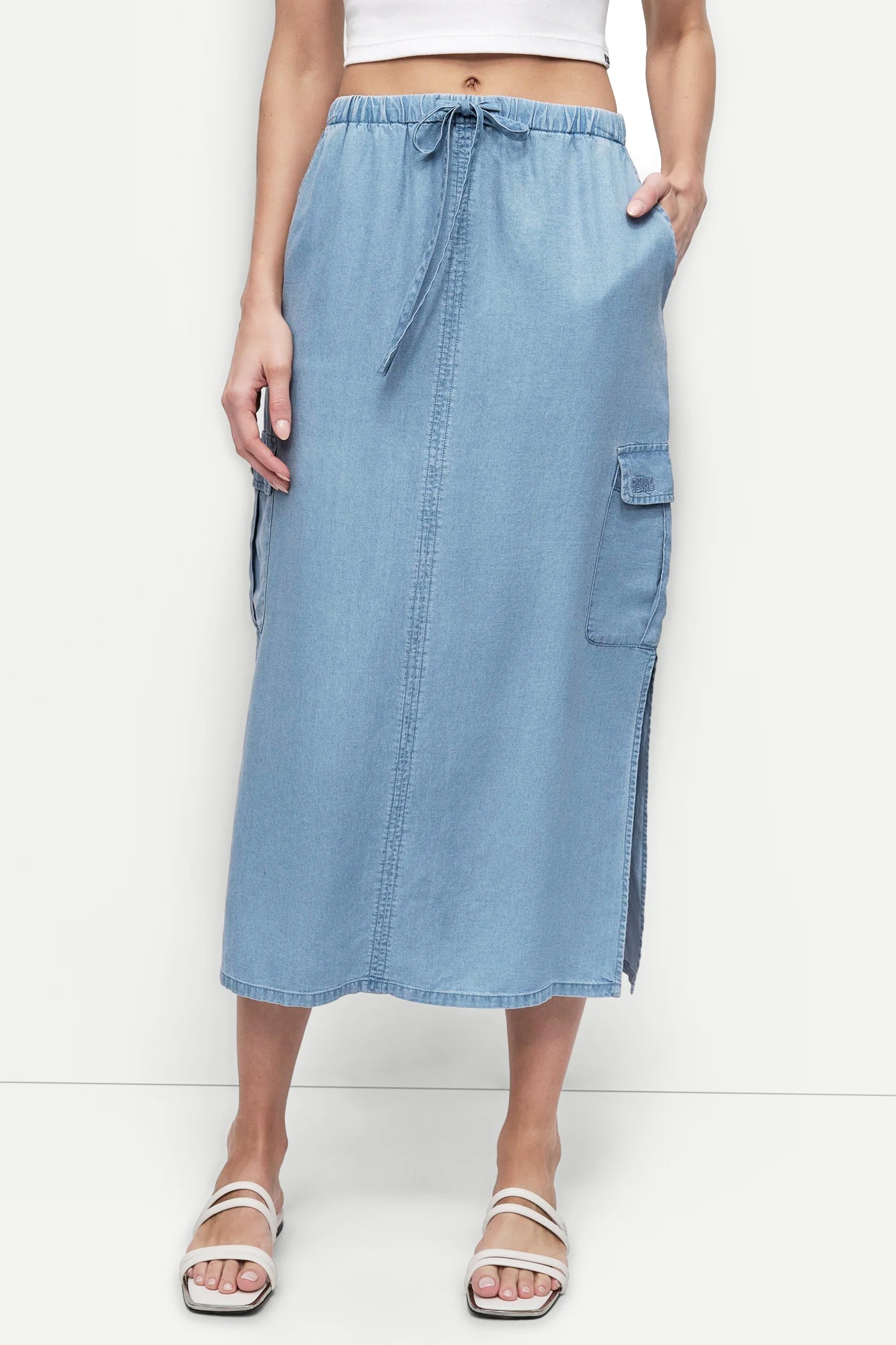 GARMENT DYE TIE WAIST CARGO SKIRT - CHAMBRAY - 2