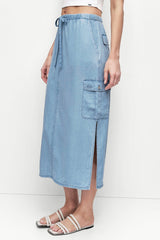 GARMENT DYE TIE WAIST CARGO SKIRT - CHAMBRAY - 4