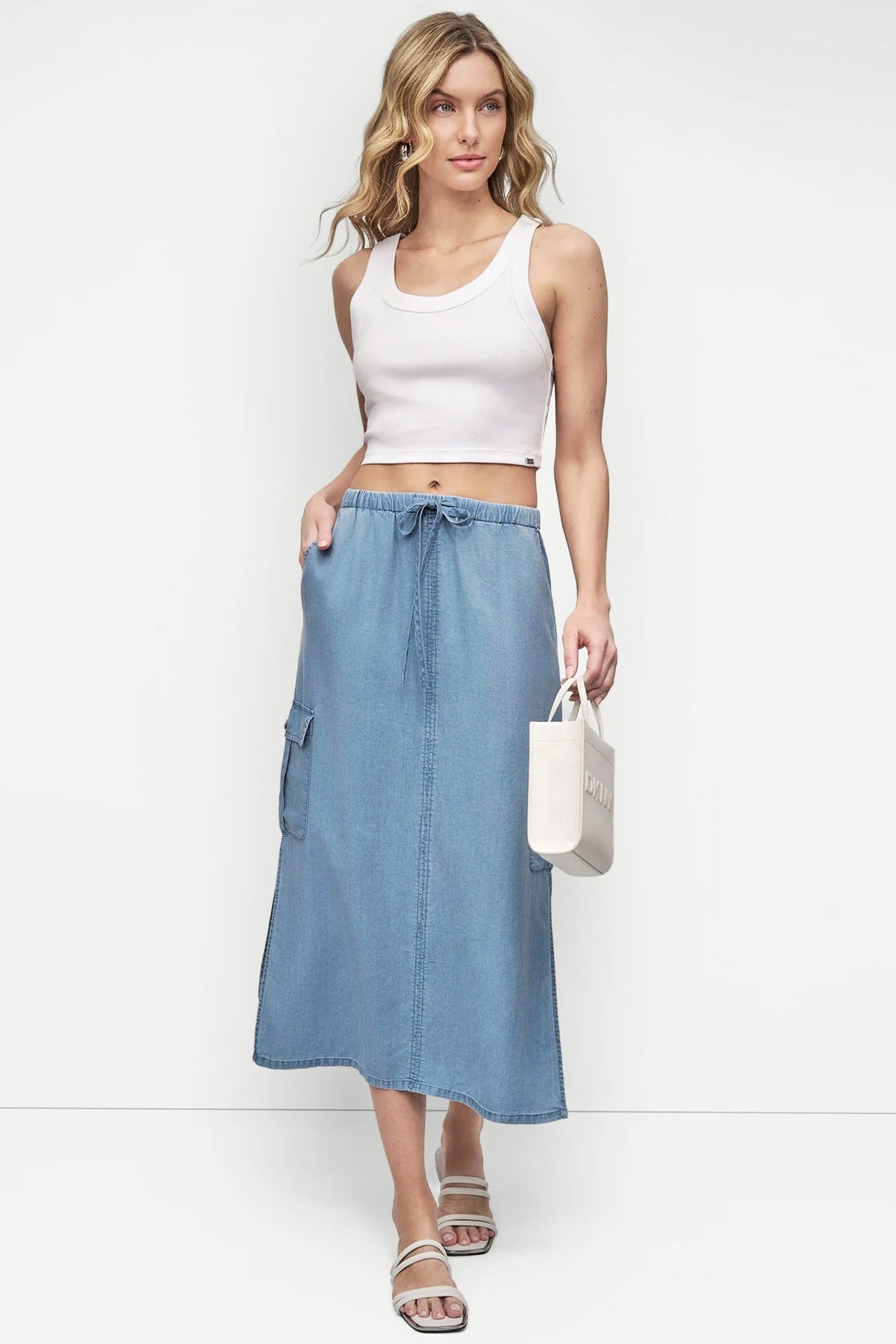 GARMENT DYE TIE WAIST CARGO SKIRT - CHAMBRAY - 1