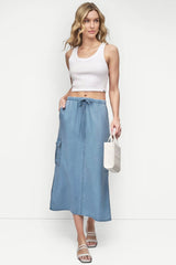GARMENT DYE TIE WAIST CARGO SKIRT - CHAMBRAY - 1