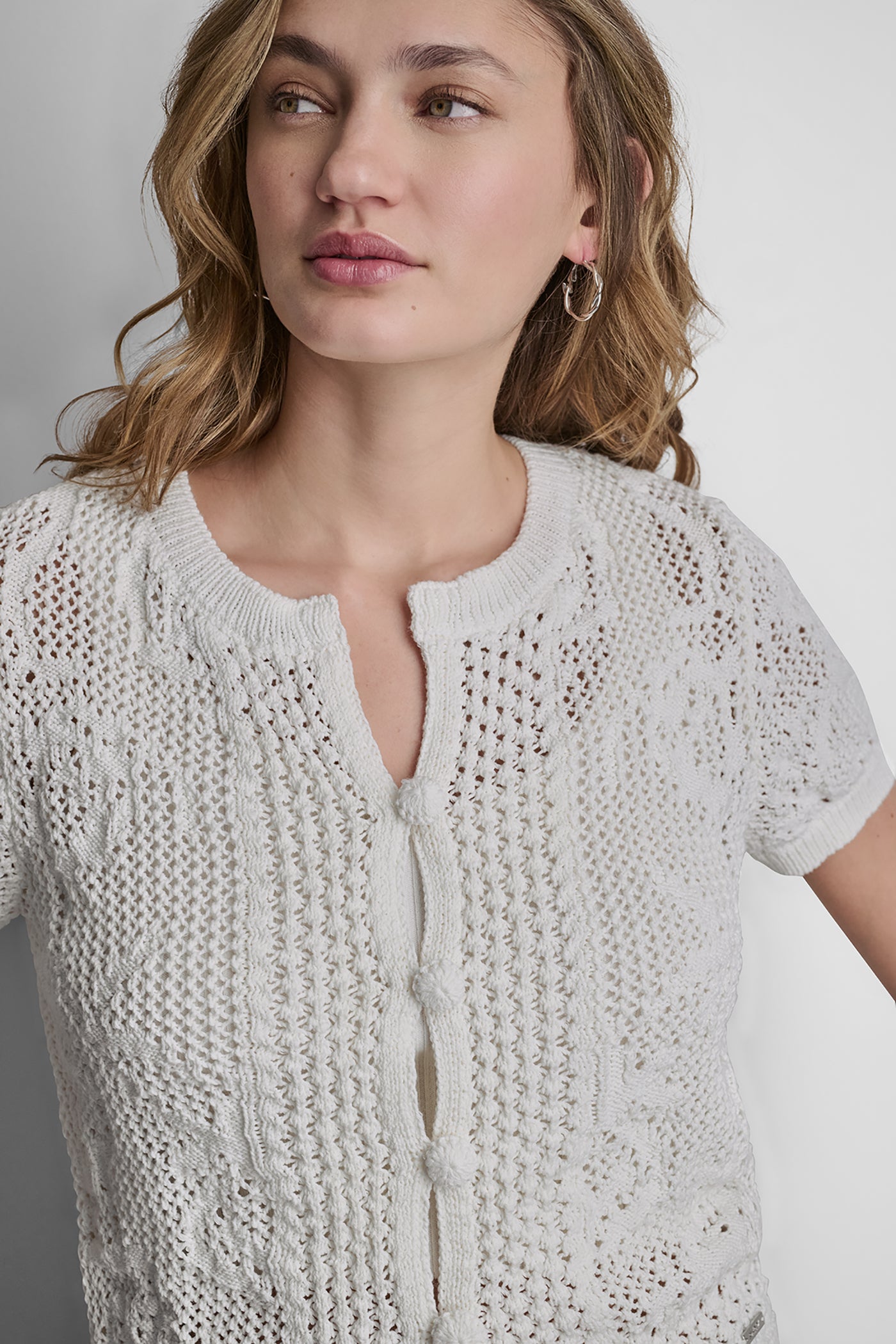 LACE STITCH BUTTON FRONT CARDIGAN - Ivory - 5