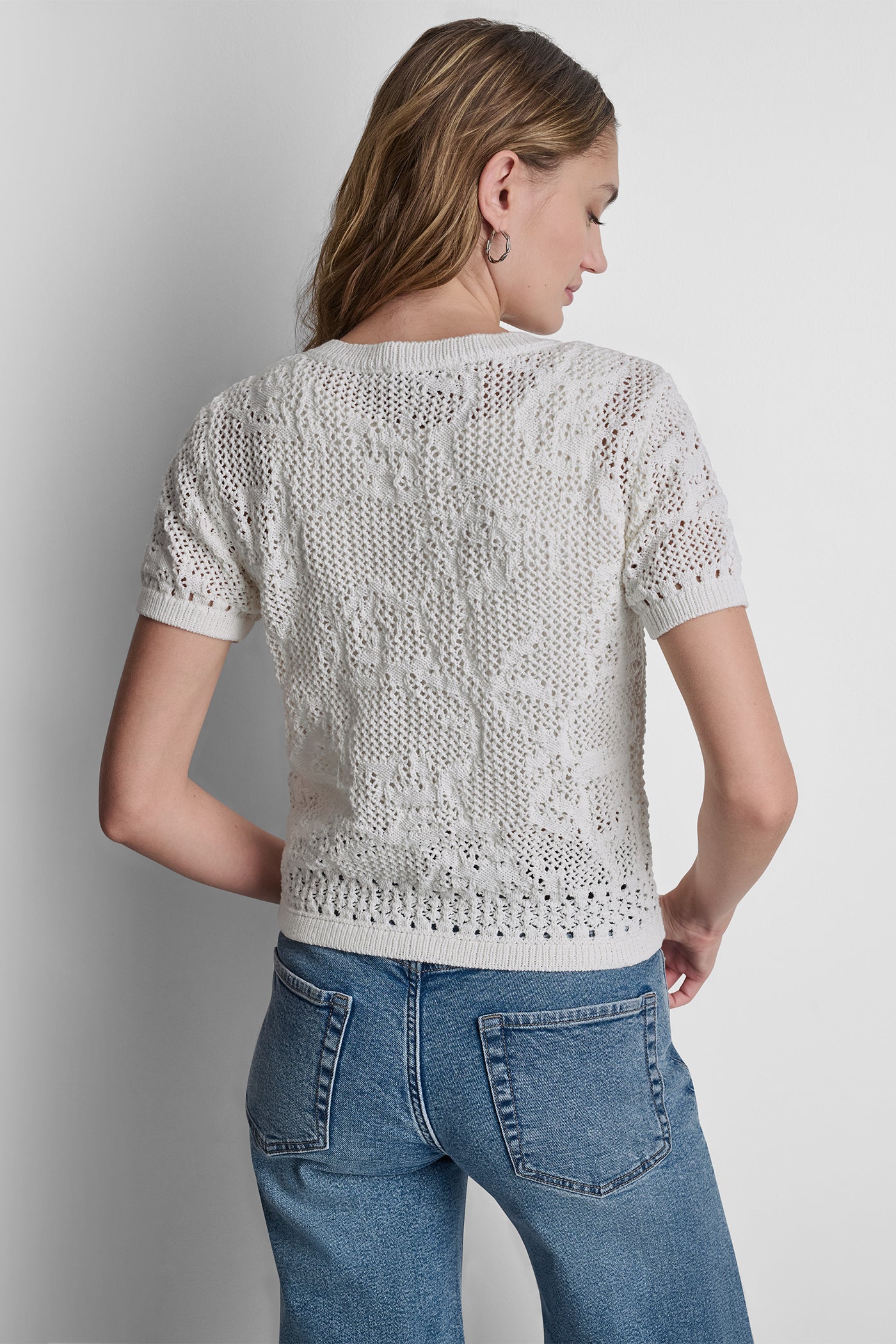 LACE STITCH BUTTON FRONT CARDIGAN - Ivory - 3