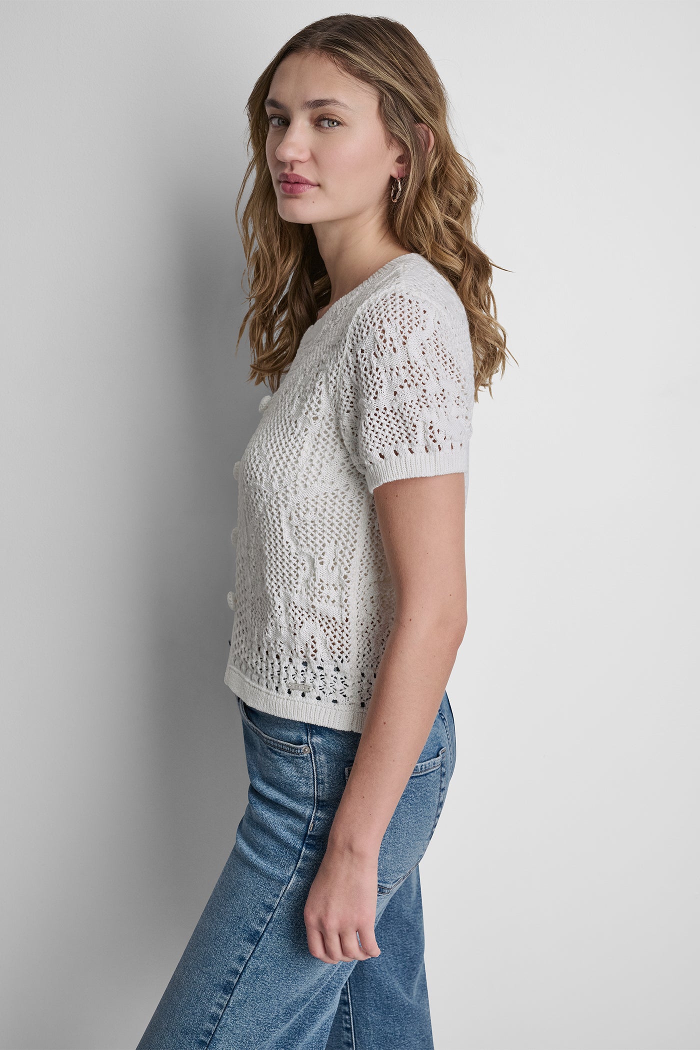 LACE STITCH BUTTON FRONT CARDIGAN - Ivory - 4