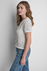 LACE STITCH BUTTON FRONT CARDIGAN - Ivory - 4