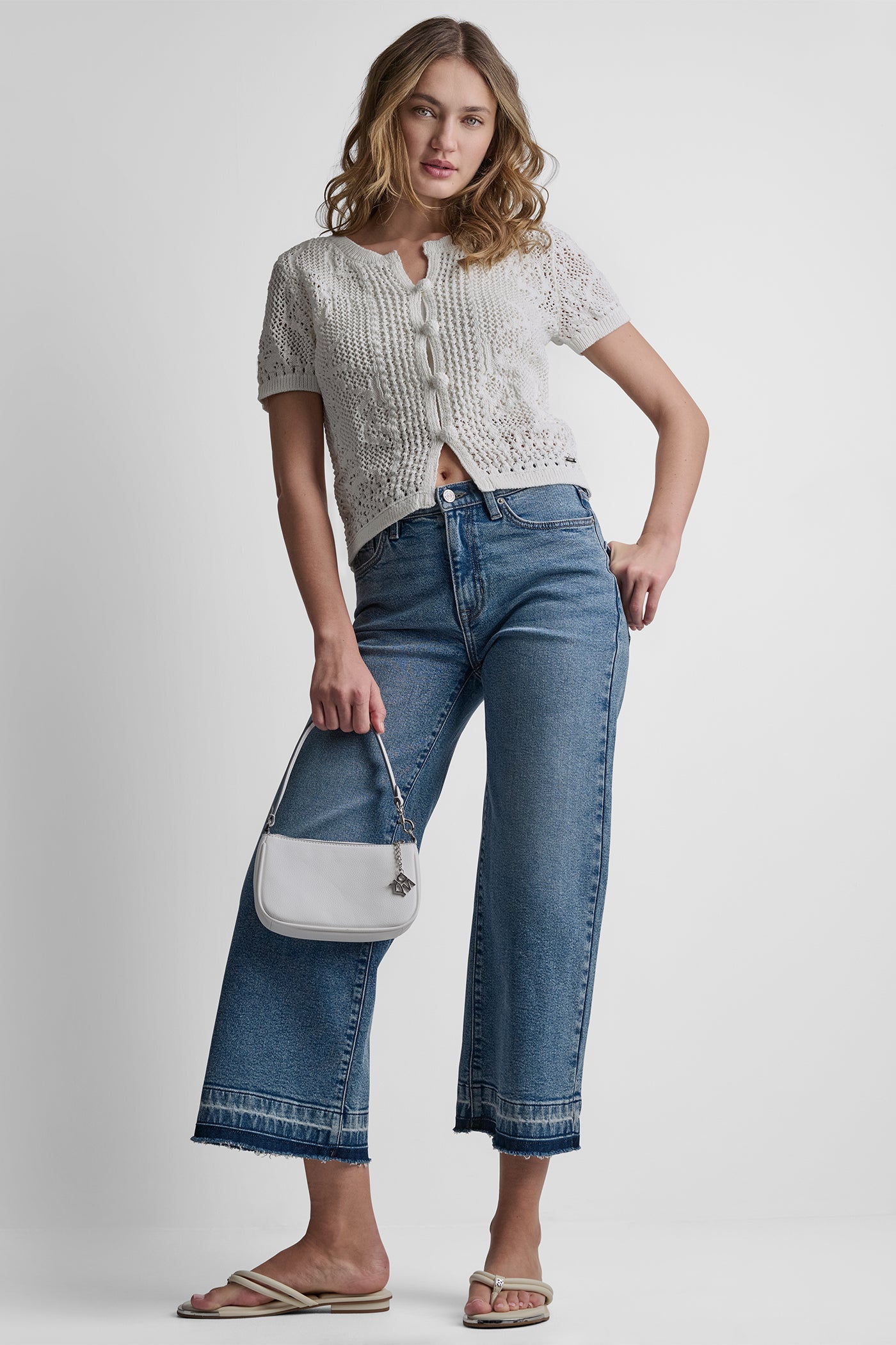 LACE STITCH BUTTON FRONT CARDIGAN - Ivory - 6