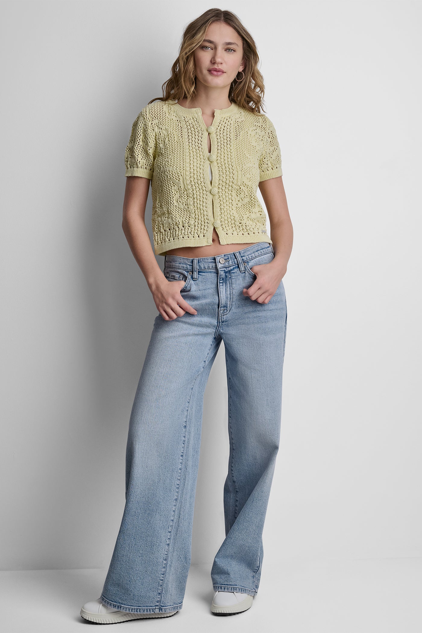 LACE STITCH BUTTON FRONT CARDIGAN - Pastel Yellow - 5