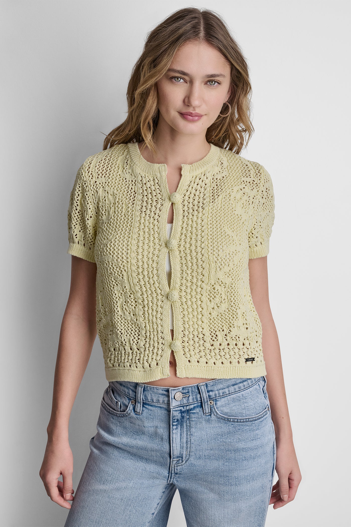 LACE STITCH BUTTON FRONT CARDIGAN - Pastel Yellow - 2