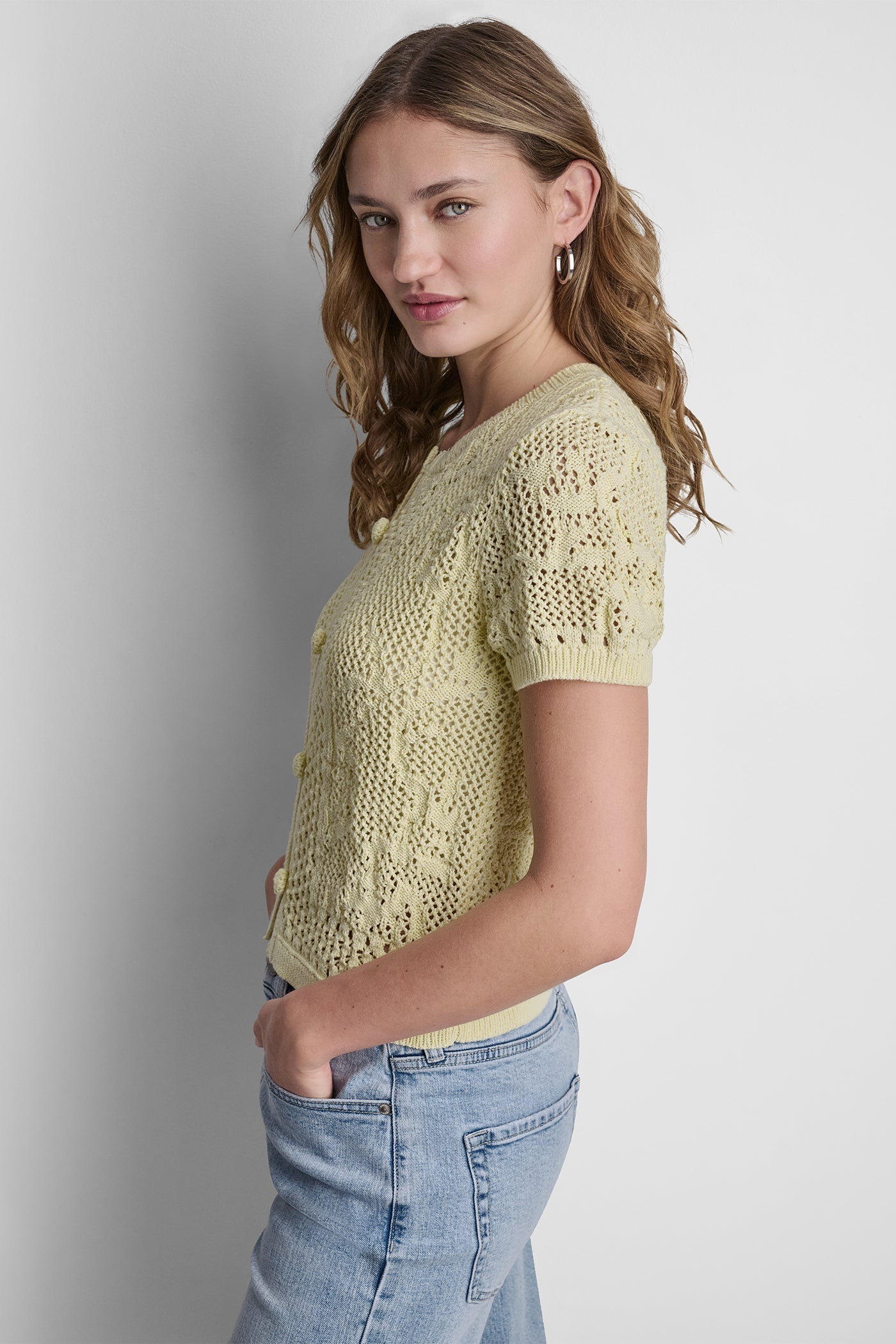 LACE STITCH BUTTON FRONT CARDIGAN - Pastel Yellow - 4