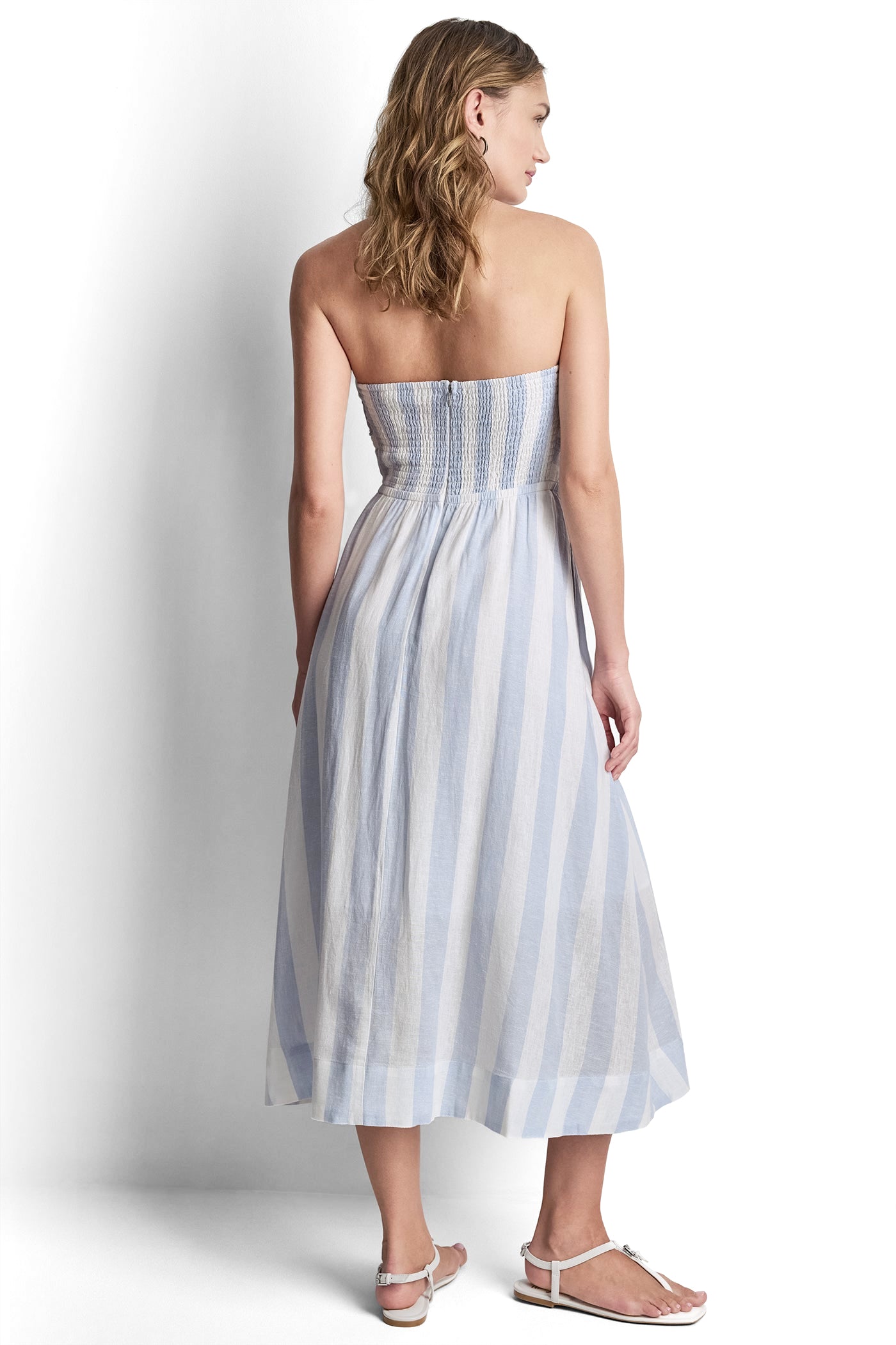 LINEN-BLEND STRAPLESS STRIPE DRESS - Broadway Stripe Frost Blue - 3