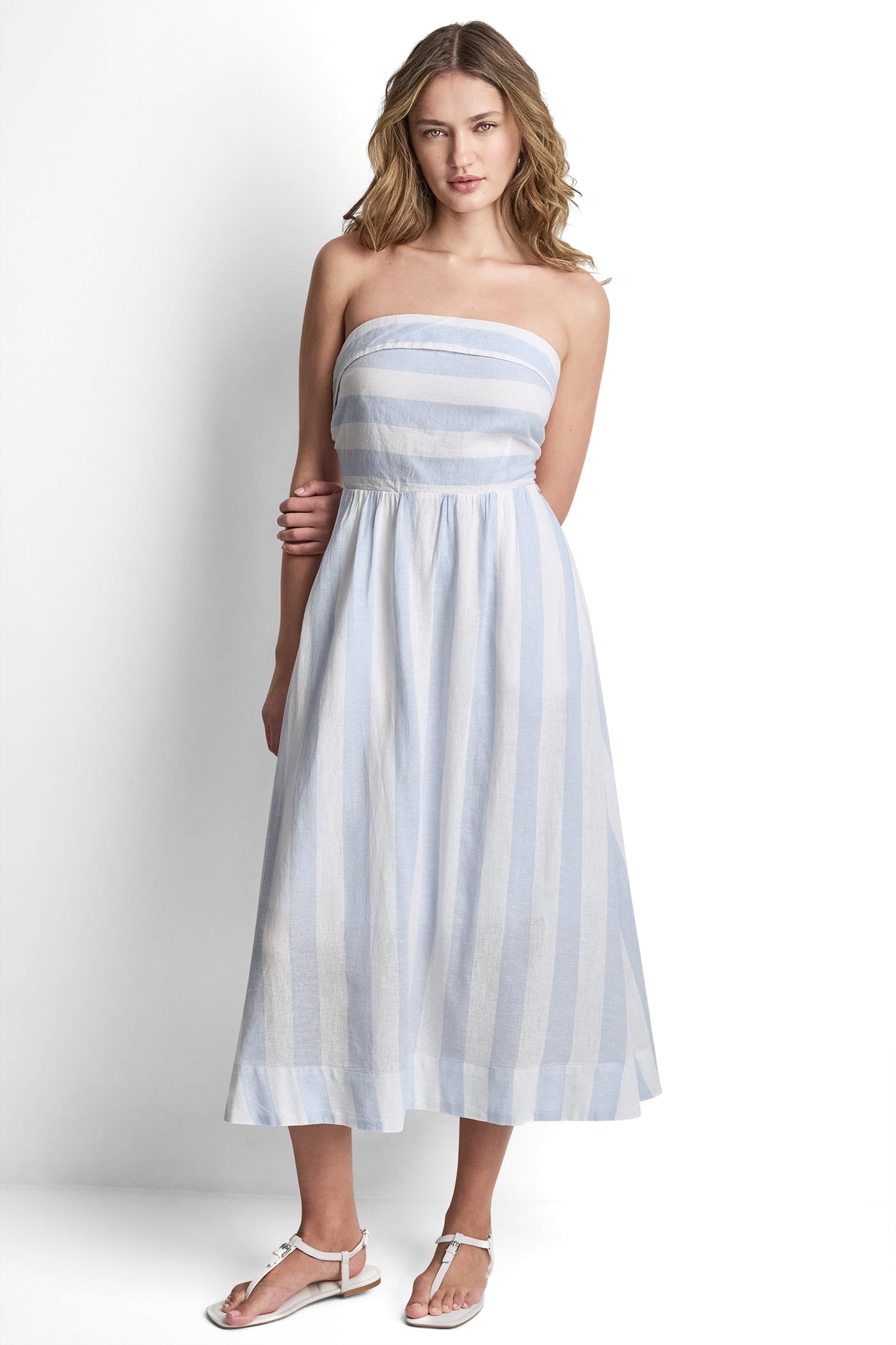 LINEN-BLEND STRAPLESS STRIPE DRESS - Broadway Stripe Frost Blue - 2