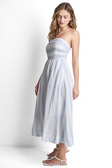 LINEN-BLEND STRAPLESS STRIPE DRESS - Broadway Stripe Frost Blue - 4