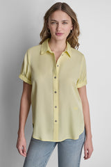 GARMENT DYE BUTTON-FRONT SHIRT - Pastel Yellow - 1