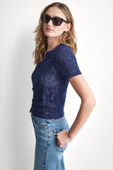 LACE STITCH BUTTON FRONT CARDIGAN - Peacoat - 4