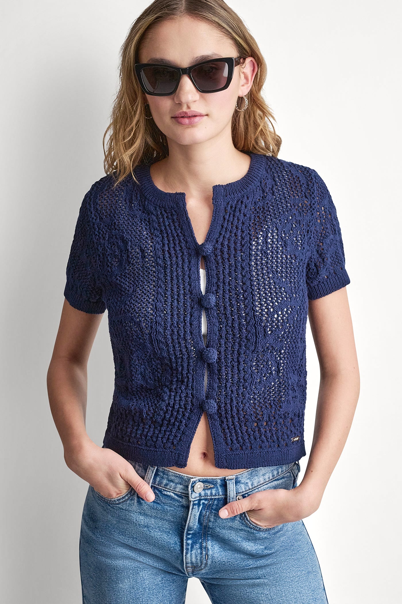 LACE STITCH BUTTON FRONT CARDIGAN - Peacoat - 1