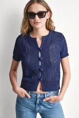 LACE STITCH BUTTON FRONT CARDIGAN - Peacoat - 1