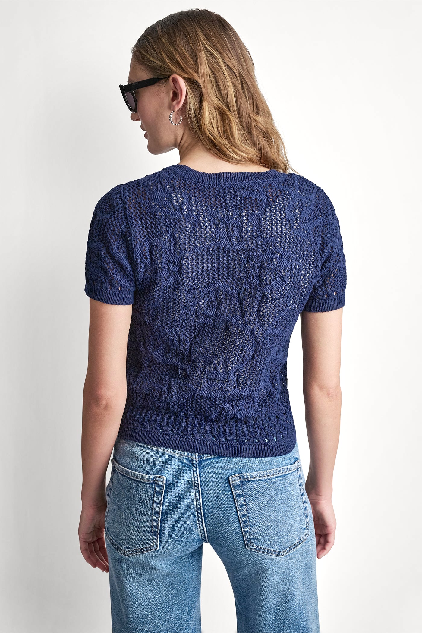 LACE STITCH BUTTON FRONT CARDIGAN - Peacoat - 3