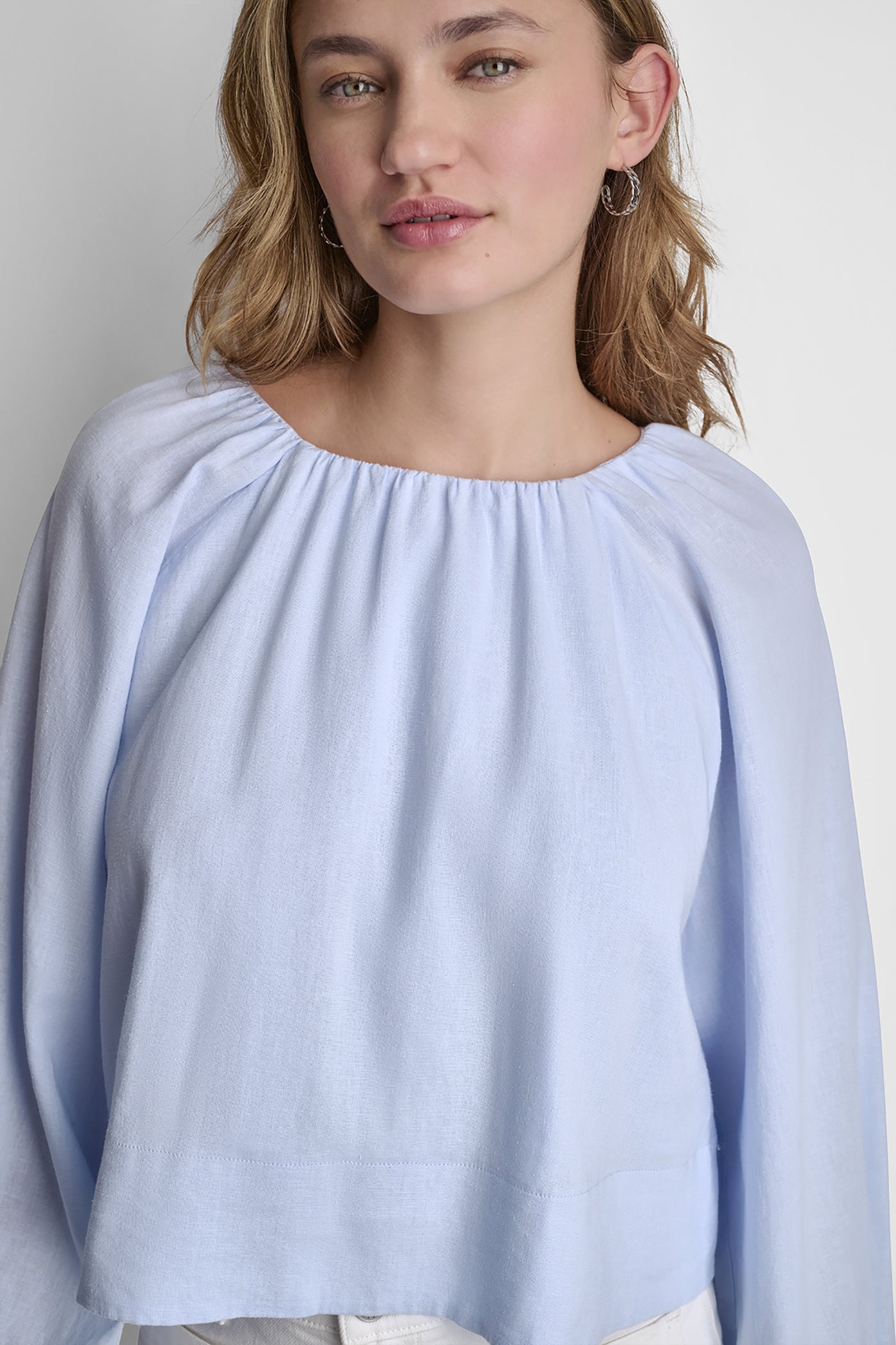 LINEN-BLEND RAGLAN SLEEVE BLOUSE - Frost Blue - 2
