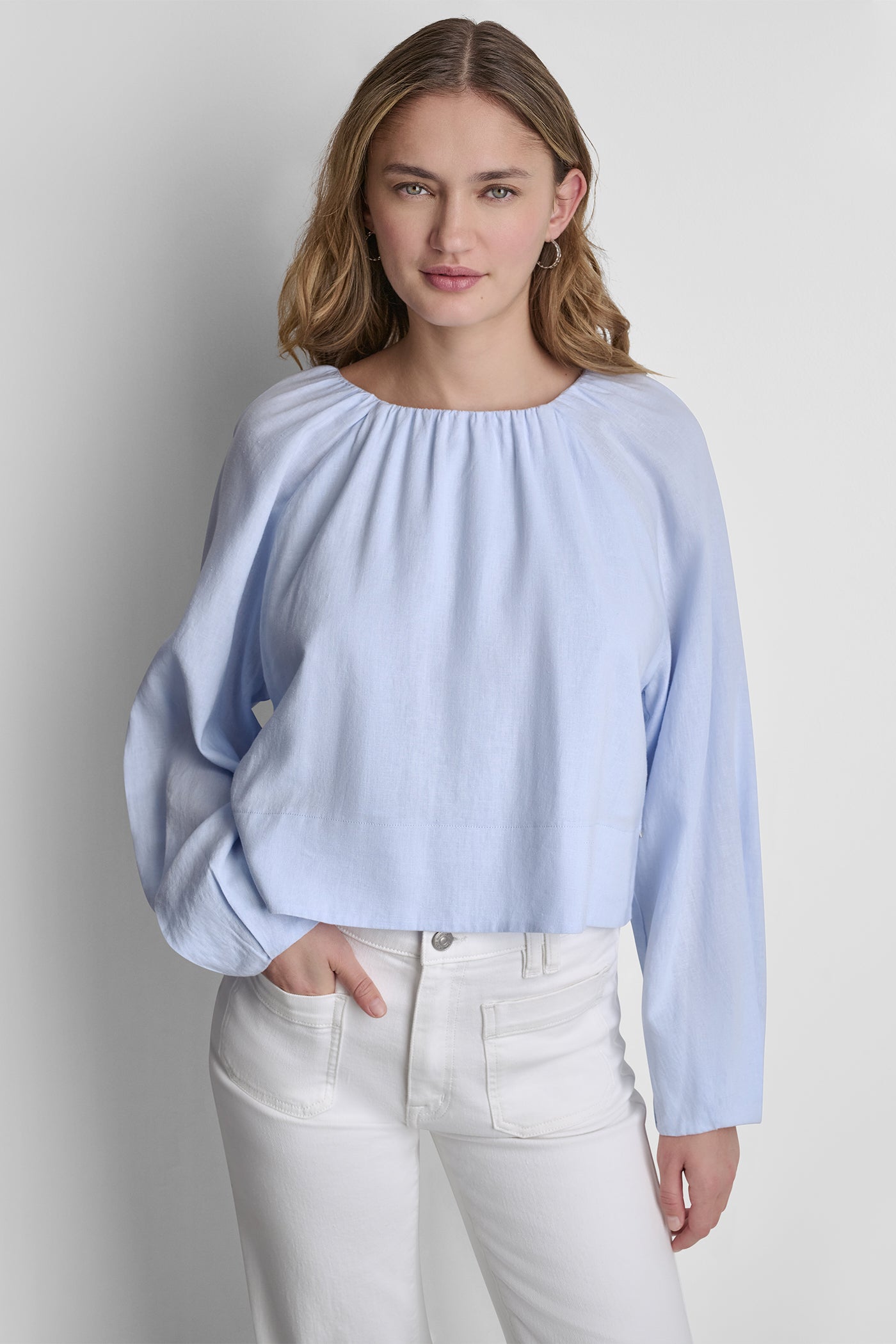 LINEN-BLEND RAGLAN SLEEVE BLOUSE - Frost Blue - 5