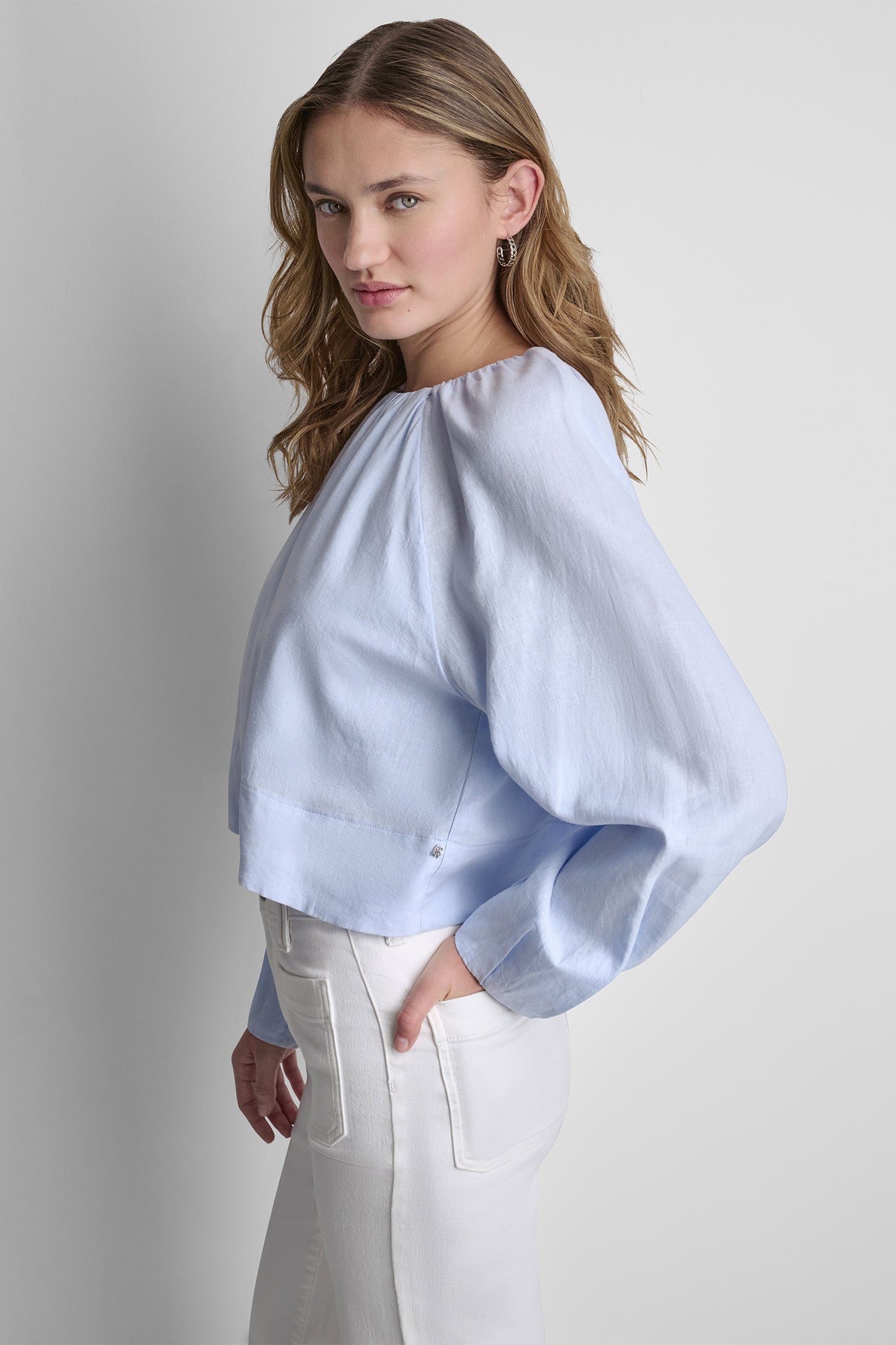 LINEN-BLEND RAGLAN SLEEVE BLOUSE - Frost Blue - 4