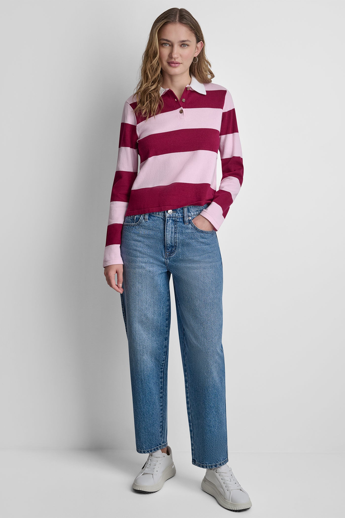 LONG SLEEVE STRIPE POLO SWEATER - Beet/Pink Mist - 2