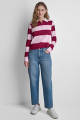 LONG SLEEVE STRIPE POLO SWEATER - Beet/Pink Mist - 2