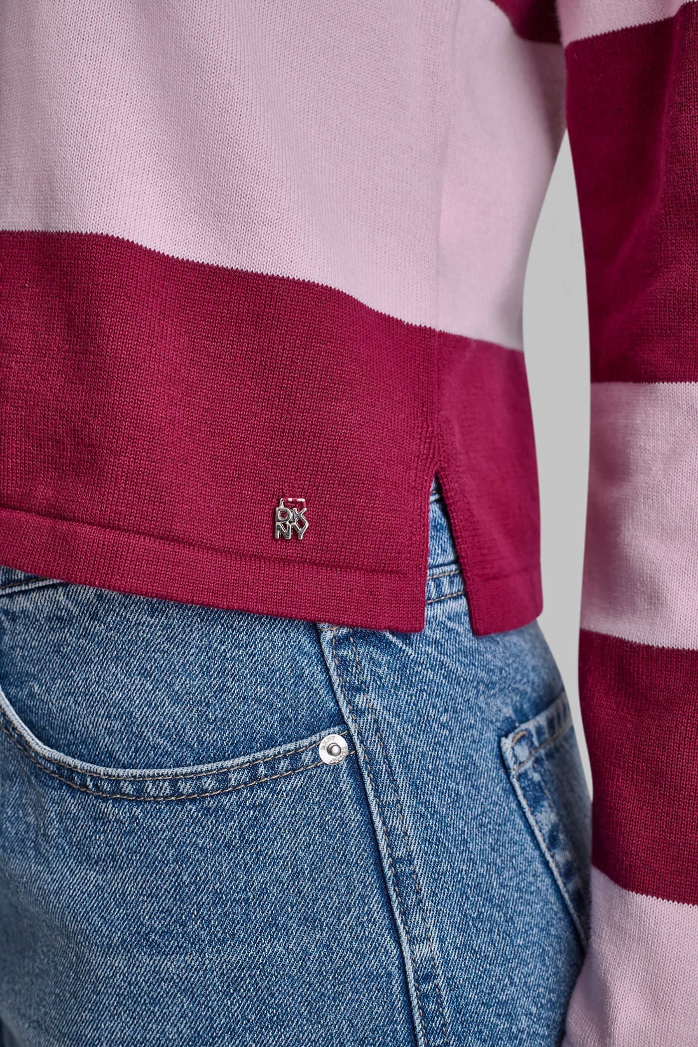 LONG SLEEVE STRIPE POLO SWEATER - Beet/Pink Mist - 6