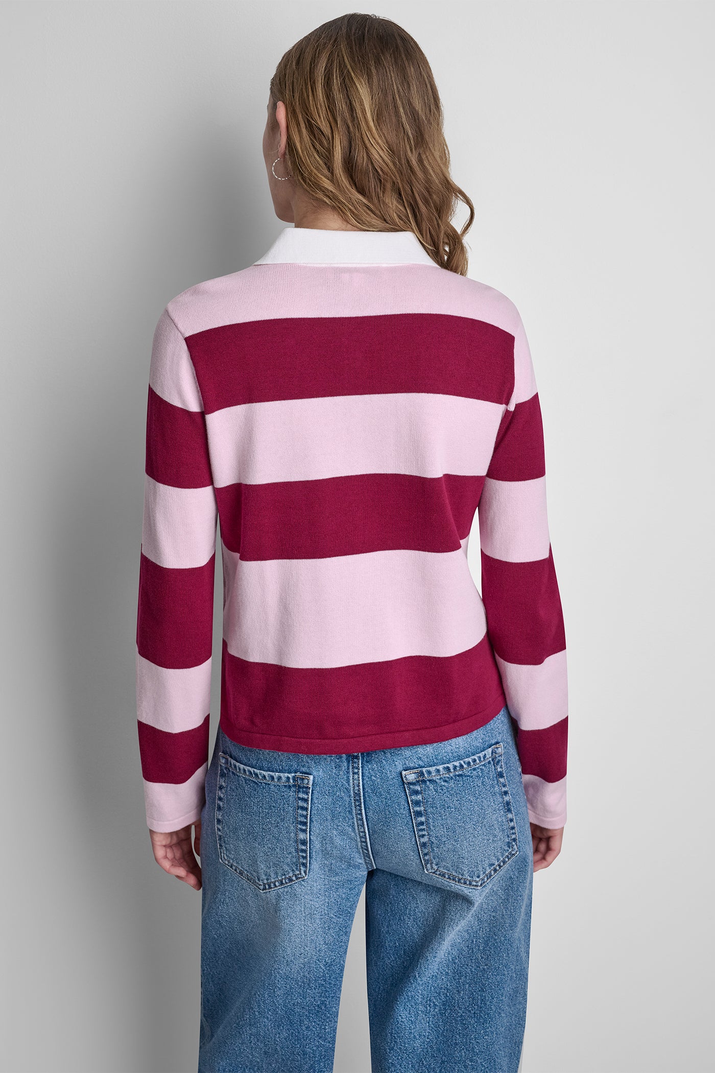 LONG SLEEVE STRIPE POLO SWEATER - Beet/Pink Mist - 3