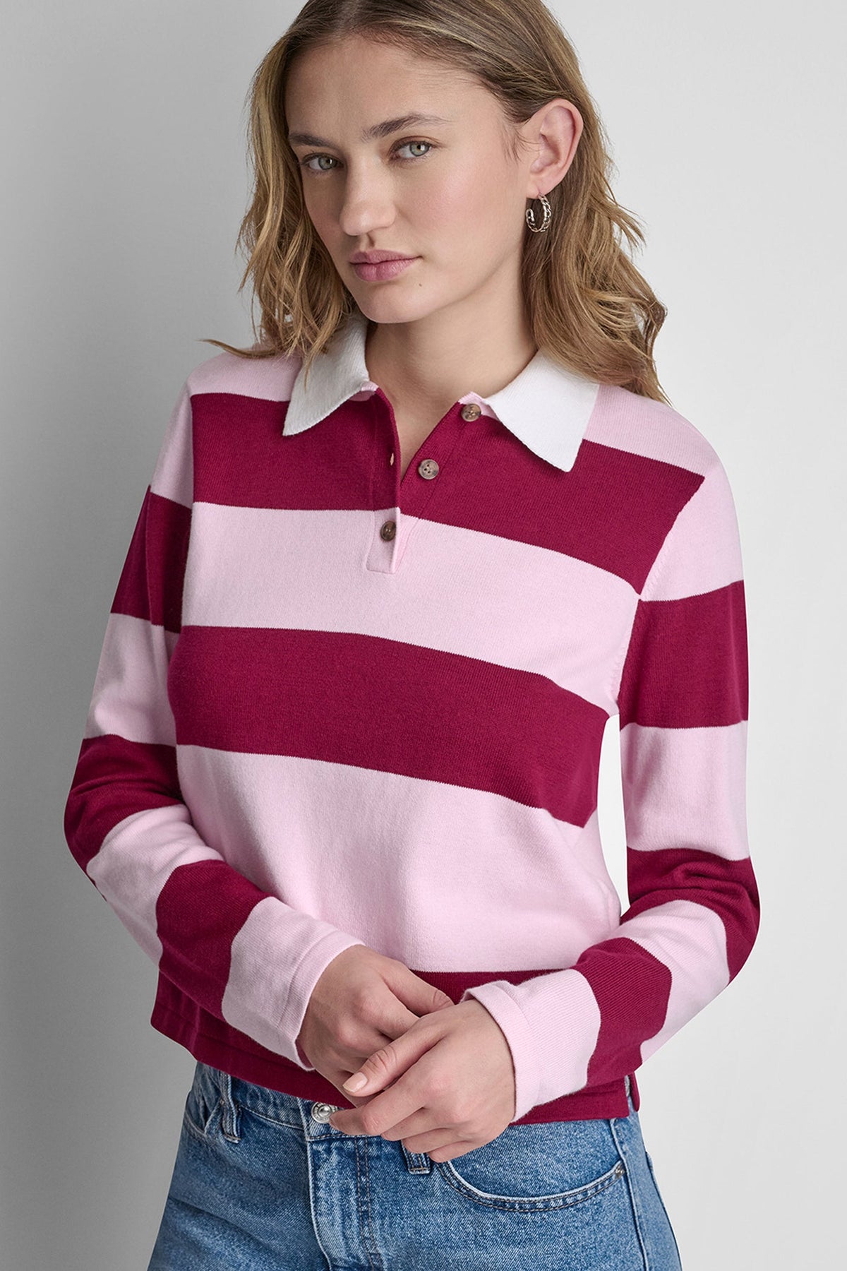 LONG SLEEVE STRIPE POLO SWEATER - Beet/Pink Mist - 1
