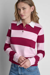 LONG SLEEVE STRIPE POLO SWEATER - Beet/Pink Mist - 1