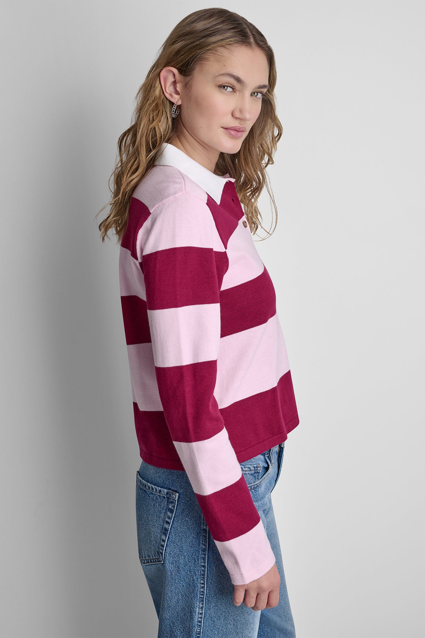 LONG SLEEVE STRIPE POLO SWEATER - Beet/Pink Mist - 4