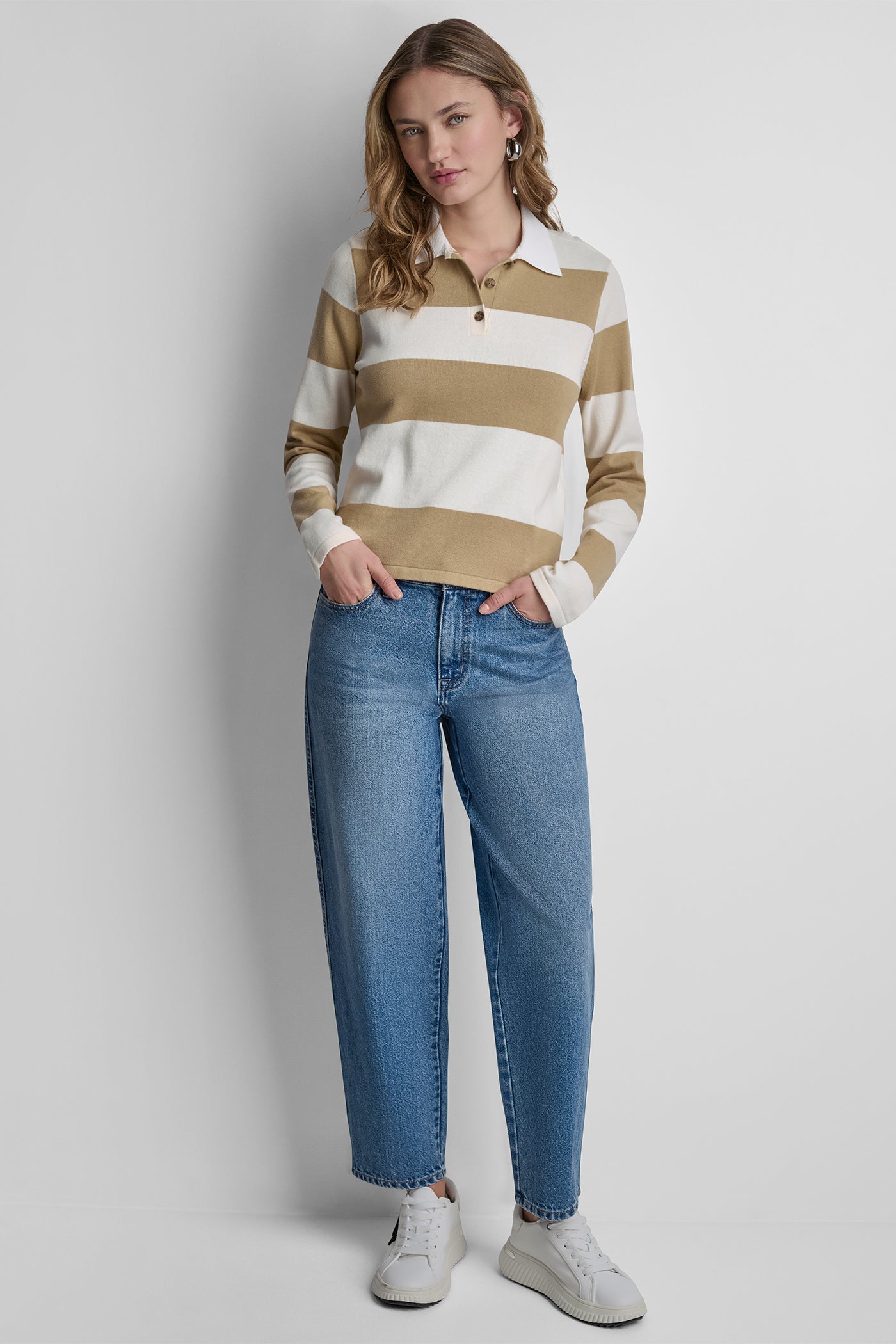 LONG SLEEVE STRIPE POLO SWEATER - Travertine/Eggnog - 5