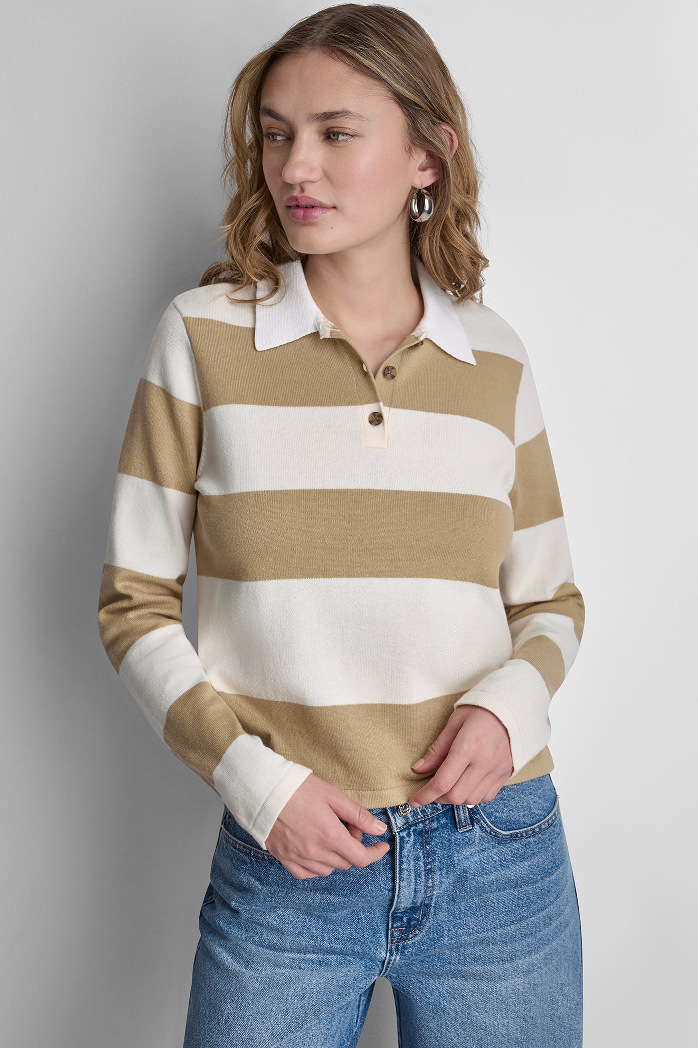 LONG SLEEVE STRIPE POLO SWEATER - Travertine/Eggnog - 2