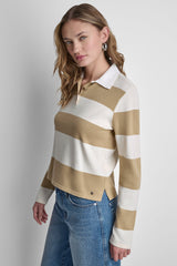 LONG SLEEVE STRIPE POLO SWEATER - Travertine/Eggnog - 4