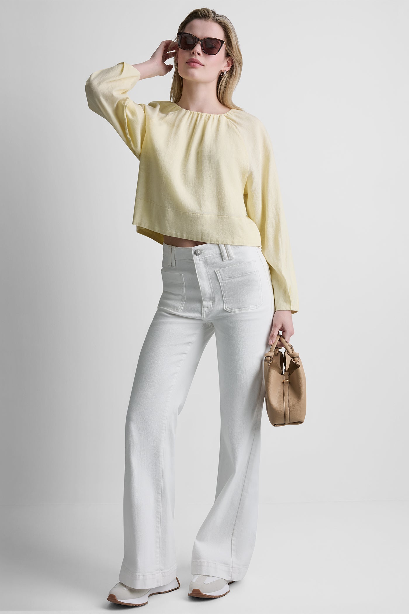 LINEN-BLEND RAGLAN SLEEVE BLOUSE - Pastel Yellow - 2
