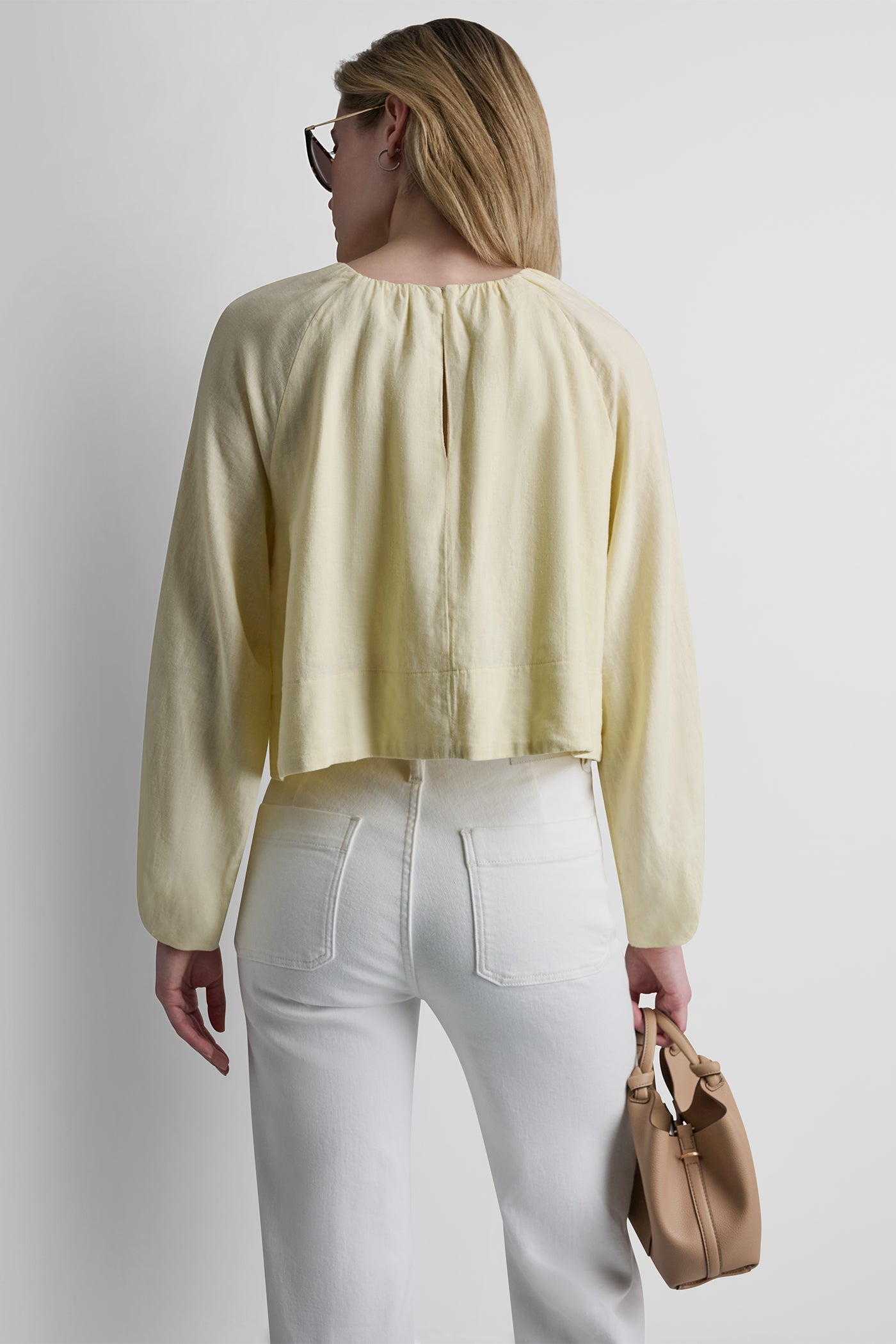LINEN-BLEND RAGLAN SLEEVE BLOUSE - Pastel Yellow - 3