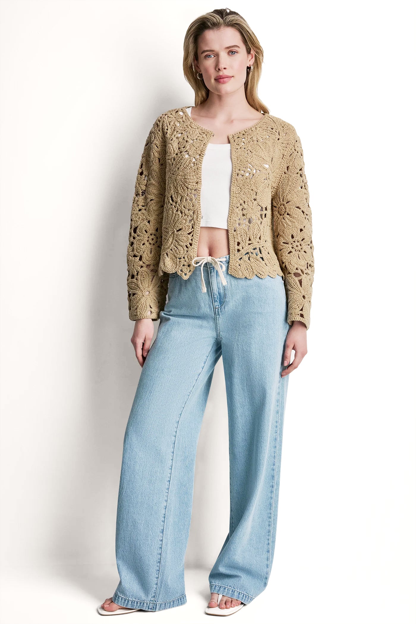 FLORAL CROCHET CARDIGAN WITH SCALLOP HEM - Travertine - 6