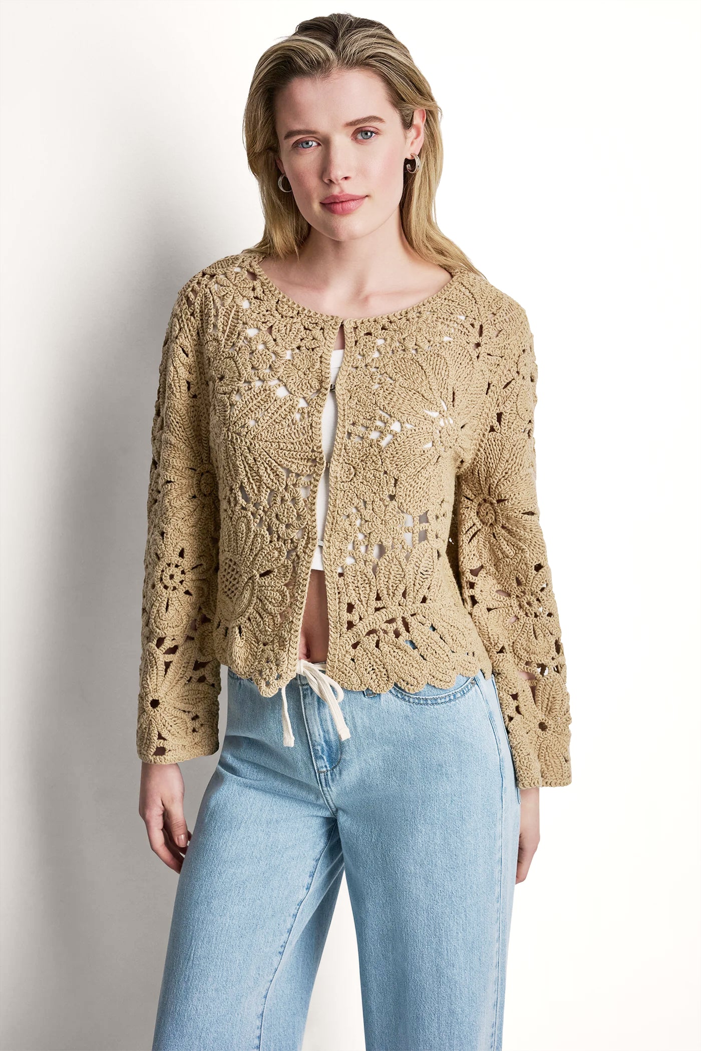 FLORAL CROCHET CARDIGAN WITH SCALLOP HEM - Travertine - 5