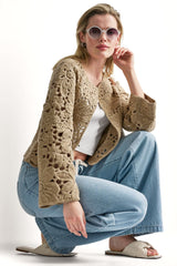 FLORAL CROCHET CARDIGAN WITH SCALLOP HEM - Travertine - 1