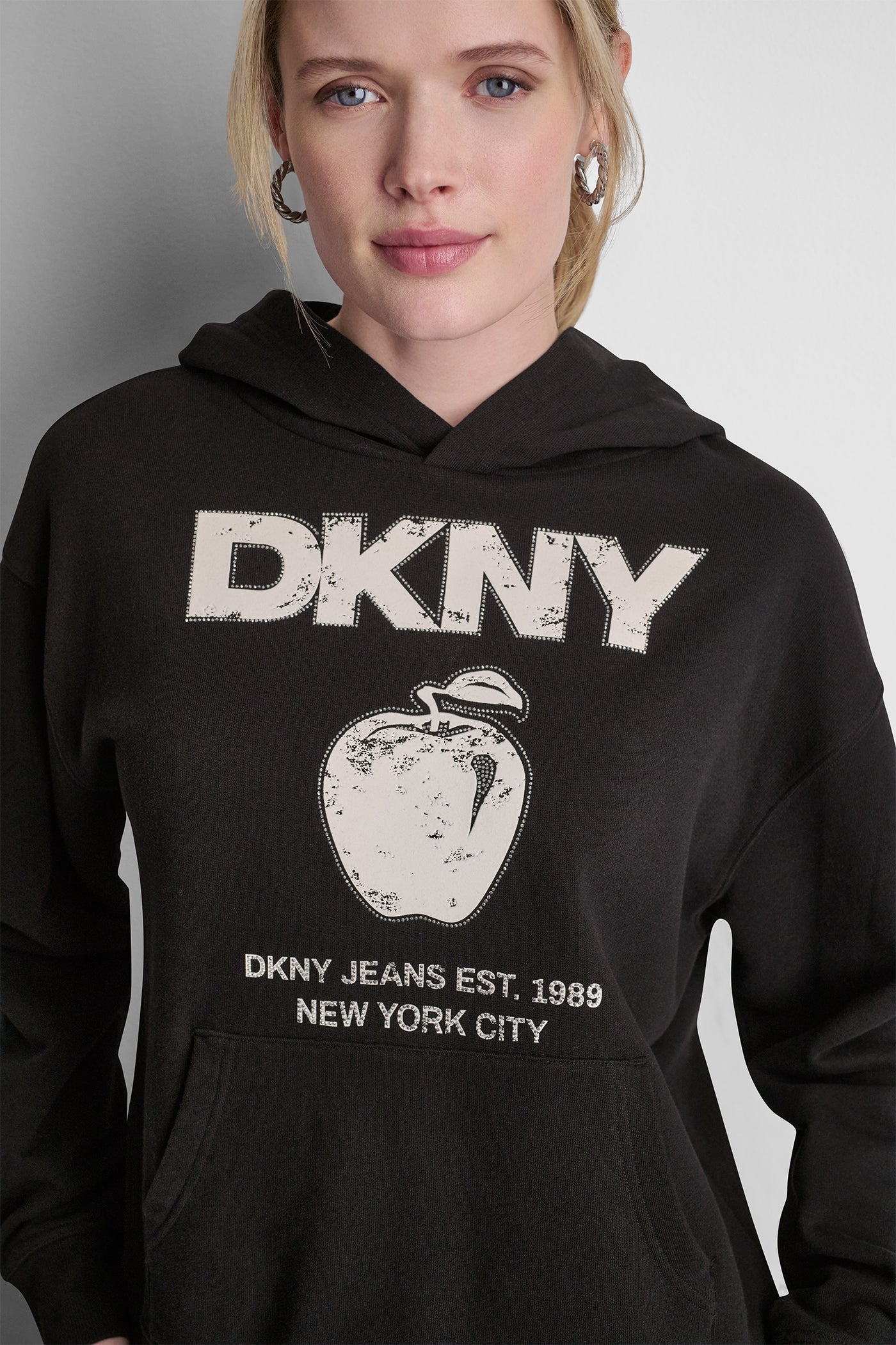 DKNY BIG APPLE RHINESTONE LOGO HOODIE - Black/Eggnog - 2