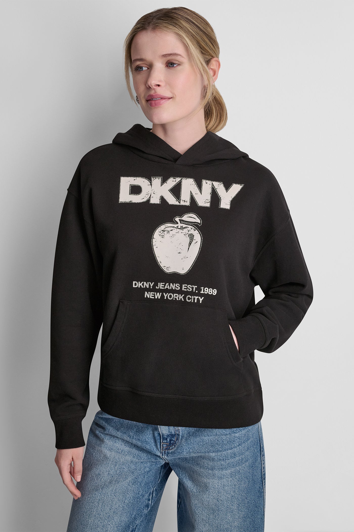 DKNY BIG APPLE RHINESTONE LOGO HOODIE - Black/Eggnog - 5