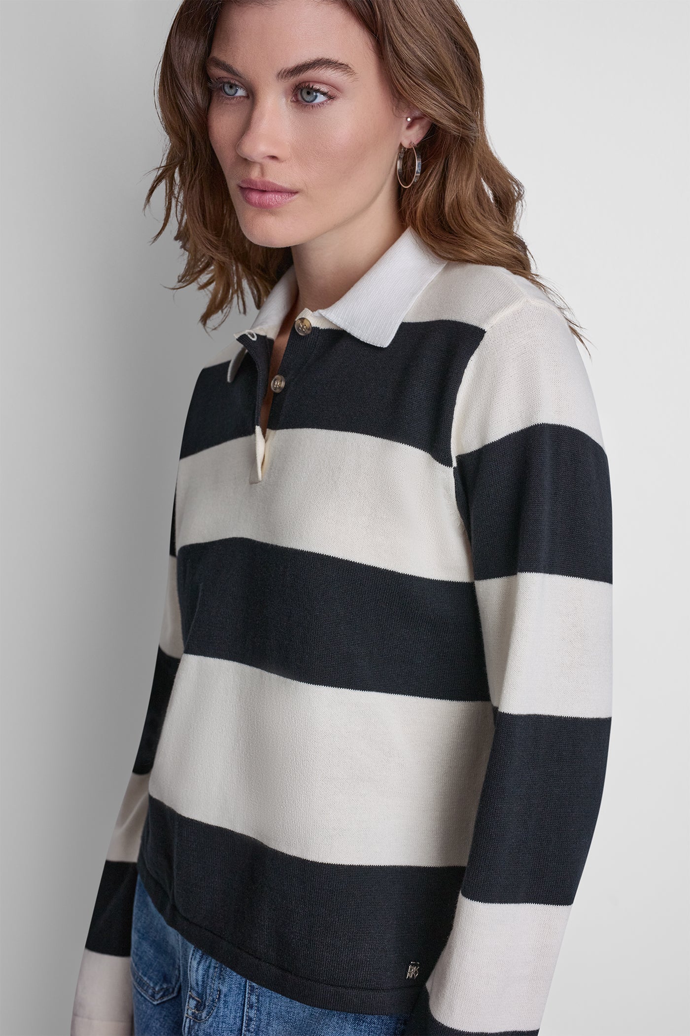 LONG SLEEVE STRIPE POLO SWEATER - Black/Eggnog - 6