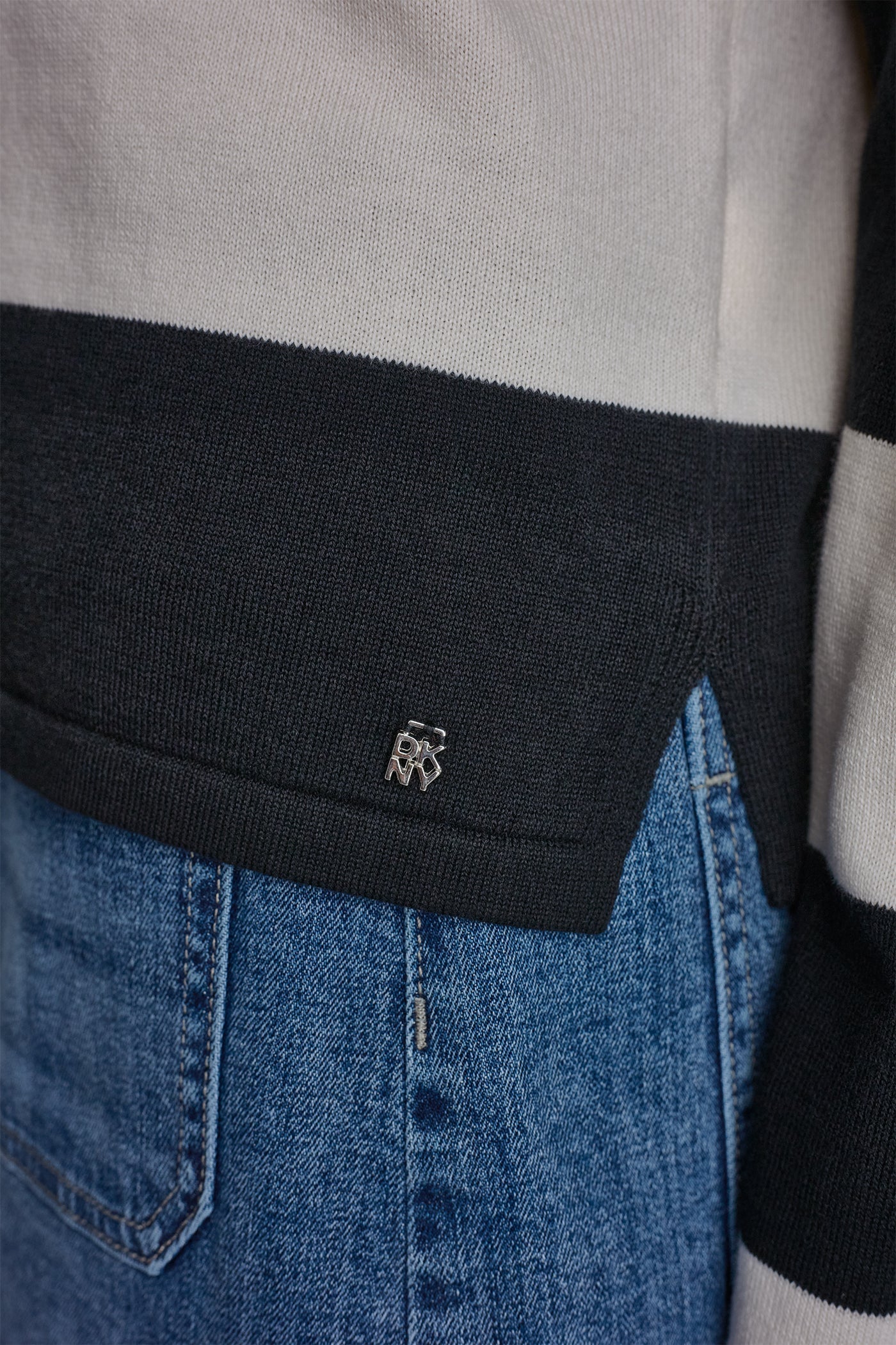 LONG SLEEVE STRIPE POLO SWEATER - Black/Eggnog - 8