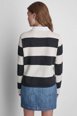 LONG SLEEVE STRIPE POLO SWEATER - Black/Eggnog - 3