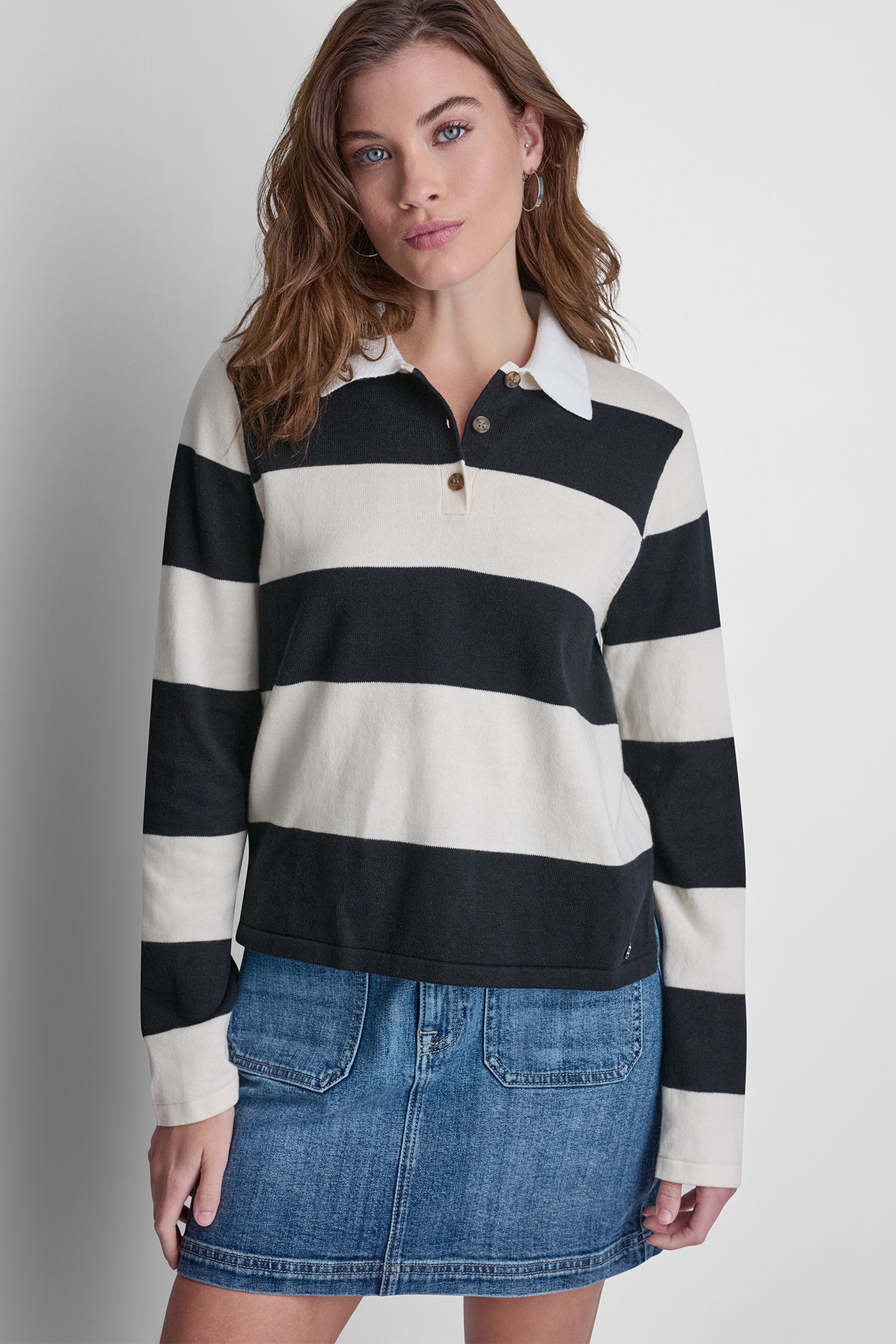 LONG SLEEVE STRIPE POLO SWEATER - Black/Eggnog - 5