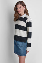 LONG SLEEVE STRIPE POLO SWEATER - Black/Eggnog - 4